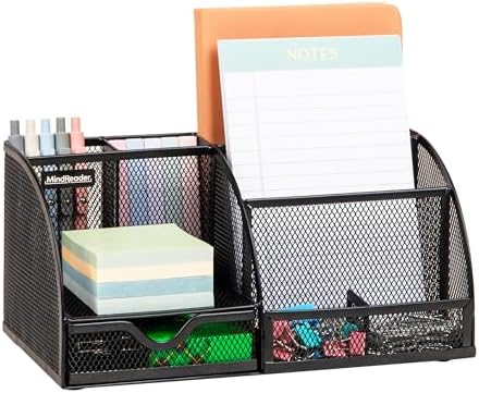 Mind Reader 7-Compartment Desktop Organizer, Metal Mesh Desk Organizer for Pens, Sticky Notes, Mail and Office Supplies, Black