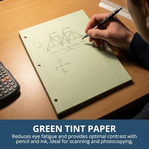 ROARING SPRING Graph Ruled Engineering Pad, Engineering Graph Paper Pad, 5x5 Grid to Edge, 8.5" x 11", 100 Sheets, 3 Hole Punched, Green Tinted Sheets, Made in USA