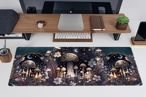 Teng DA Qing Cute Dark Mushroom Moon Night Mouse Pad XL Extended Gaming Mat with Stitched Edges, Computer Laptop Keyboard and Mouse Mat for Women Office Desk Decor, 31.5x11.8 in