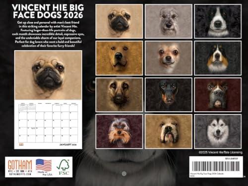 Vincent Hie Big Face Dog Calendar 2026 Monthly Wall Calender 12 Month | American Made In The USA