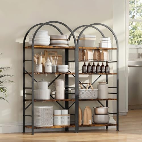Shintenchi Arched Bookshelf, 4 Tier Bookcase, Tall Storage Shelf, Brown