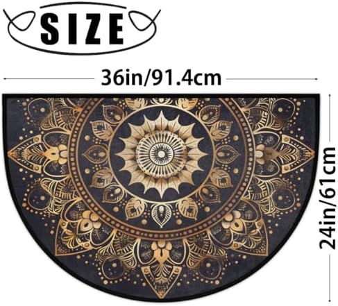 Half Round Door Mat Mandala Boho Bohemian Black Non Slip Washable Semi Circle Area Rug Absorbent Soft Half Moon Rug Floor Mat for Indoor Outdoor Kitchen Bathroom Patio Front Door Mat Decor