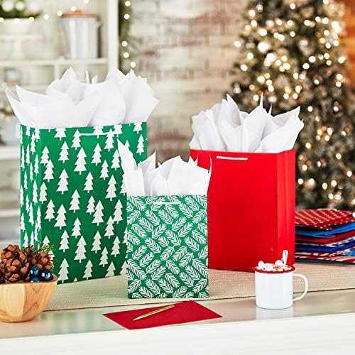 Hallmark Christmas Gift Bags Assorted Sizes (12 Bags: 5 Medium 8", 4 Large 11", 3 Extra Large 14") Red, Blue, Green, Solids, Snowflakes, Stripes (Pack of 2)