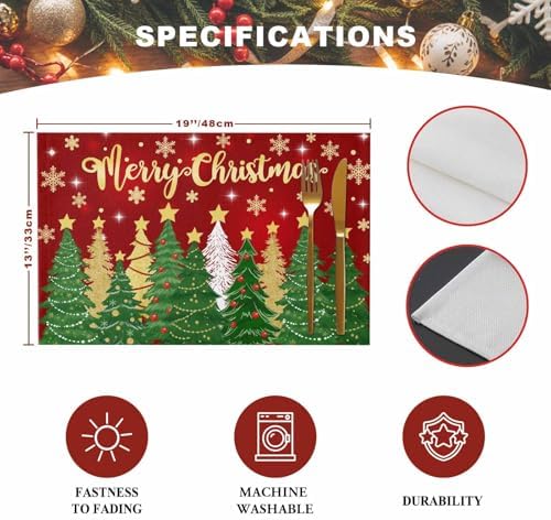 Christmas Placemats 1 Pack, Merry Christmas Heat Resistant Washable Dining Table Mats Xmas Holiday Farmhouse Decor for Kitchen&Linens Outdoor Indoor, Gold Star Xmas Tree Snowflakes