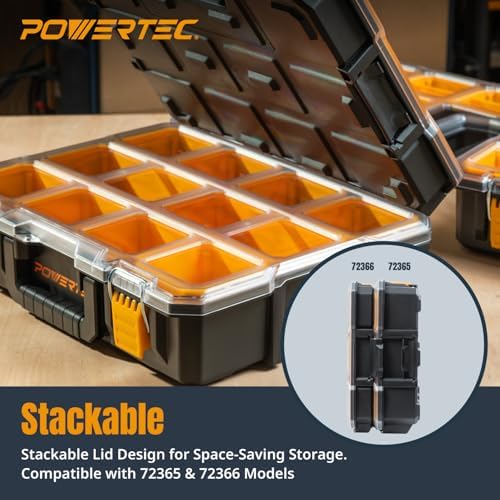 POWERTEC Small Parts Organizer & Tool Box – 20 Compartments, IP65 Water & Dust Protection, Stackable Storage with Interlocking Latch, Removable Bin, Dividers, Clear Lid, Portable Design (72366)