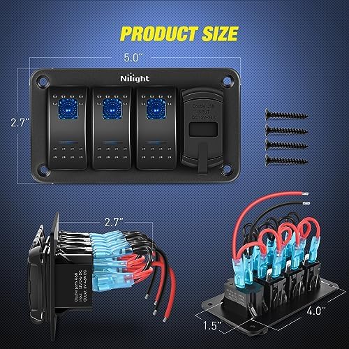 Nilight 3 Gang Rocker Switch Box 12V SPST ON Off PD Type C and QC 3.0 USB Charger Voltmeter Waterproof Aluminum Panel DIY Stickers for Boats Cars RVs Trucks