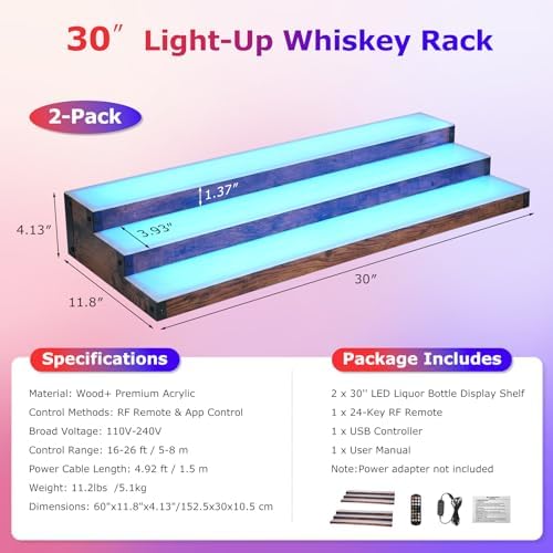 2Pack 3 Tier LED Lighted Liquor Bottle Display Shelf - 60" Total Length,RGB Countertop Bar Shelf with RF & App Control,7 Static Colors Music Sync,Timer,Lighted Bottle Shelf for Home &Commercial Use