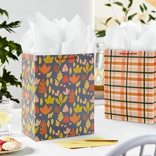 Hallmark 13" Large Fall Gift Bag Bundle (3 Bags: Orange and Tan Plaid, Leaves, Grateful Wreath) for Thanksgiving, Friendsgiving, Boss's Day, Clergy Appreciation, Grandparents Day