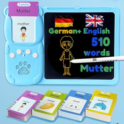 Writing Tablet with Bilingual Flash Cards for Kids, German, Blue