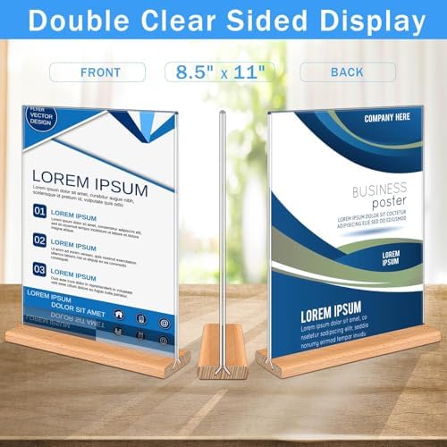 Kersally Acrylic Sign Holder 8.5 x 11, 4 Pack Double-Sided Clear Vertical Table Display Stands with Wood Base,Acrylic Frame Menu Flyer Paper Holder for Stores, Restaurants, Hotels, Office, Show Fair