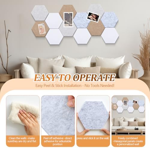 6.7 x 5.9 in 16 Pcs Hexagon Cork Board Tiles, Felt Pin Boards, Camel