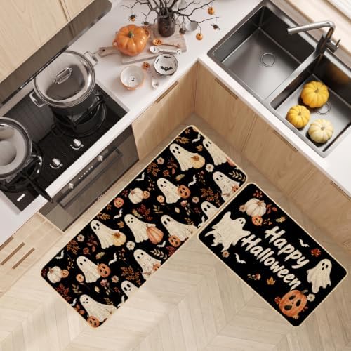 Baccessor Halloween Kitchen Rug Cute Ghost Set of 2,17x29 and 17x47 Inch