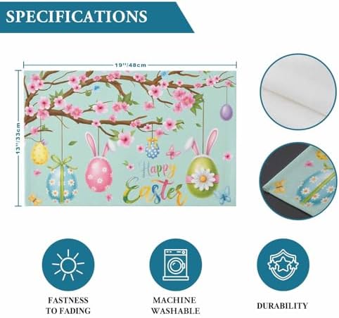 Happy Easter Placemats Set of 4, Spring Floral Bunny Rabbit Ear Eggs Heat Resistant Dining Table Mats Holiday Farmhouse Decor for Kitchen&Linens Outdoor Indoor, Pink Flower Branch Green Leaves