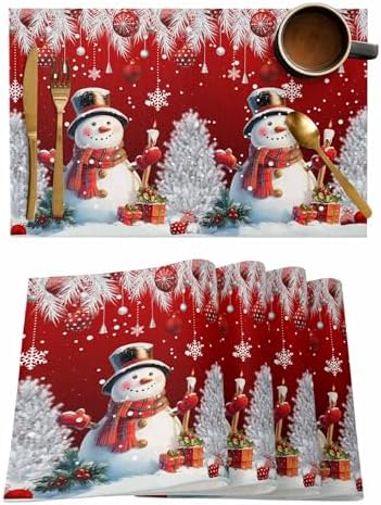 Christmas Red Placemats Set of 4, Cotton Linen Snowflake Cute Snowman Table Mats Non-Slip Washable Xmas Tree Red Christmas Balls Ornaments Placemat for Xmas Dining Kitchen Table Decor