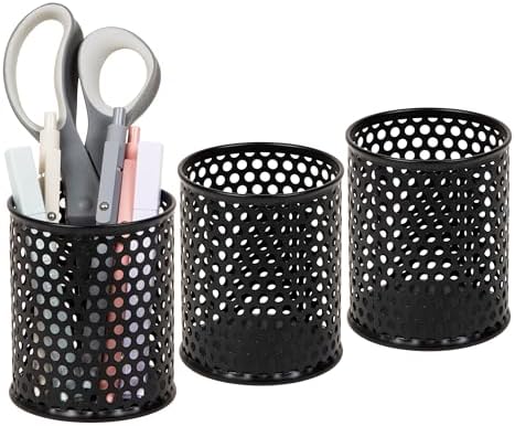 Mind Reader Metal Pen Cups, Mesh Pencil Holders, Desktop Organizer Set, Metal, Set of 3, Black