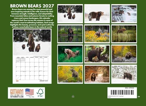 Brown Bear Calendar 2027 Bears Monthly Wall Calender 12 Month