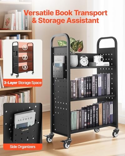 VEVOR Rolling Library Book Cart, 330 lbs Capacity, 30.3 x 15 x 48.0-Inch Library Cart, Single Sided L-Shaped Shelves with 3-Inch Lockable Wheels, Book Truck for Home Shelves Office and School, Black