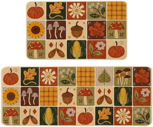 Baccessor Fall Kitchen Rugs Set of 2, Pumpkin Harvest Patchwork Kitchen Mats for Floor Washable Low-Profile Farmhouse Autumn Holiday Home Indoor Outdoor Decor 17x29 and 17x47 Inch