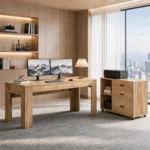 Tribesigns L Shaped Executive Office Desk with Drawers, Light Brown