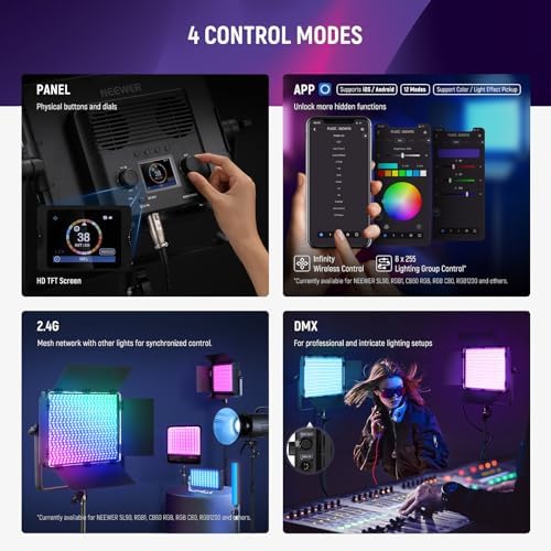 NEEWER 2 Pack PL60C RGB LED Panel Video Light Kit with 6.6ft/2m Spring Cushioned Tripod Stands/Bag, APP/2.4G/DMX Control, 60W 2500-10000K Pro Photography Studio Recording Streaming Key Lighting