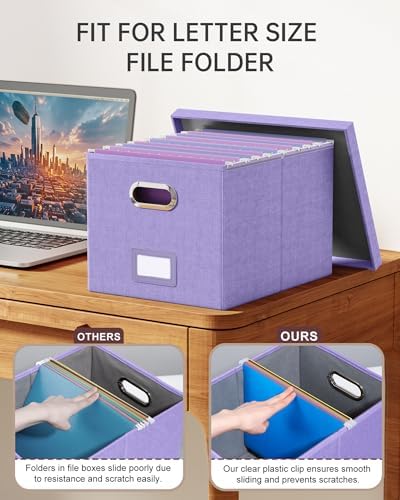 Oterri 2 Pack File Storage Organizer, Filing Box, Portable File Box with Lid, Fit for Letter/Legal File Folder Storage, Document Organizer, Lavender