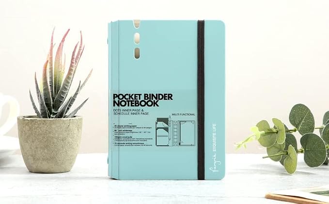 CAGIE A7 Binder 6 Ring Refillable Notebook with Dividers & Pockets | Hourly Planning Square Ruled and Dotted Pages, Refill Paper Included, 4.13 x 5.71 In (Blue, A7 Hourly & Dot Page)