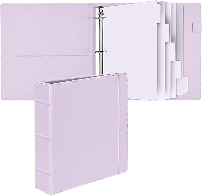Vintage Hardcover 3 Ring Faux Leather Binder, 1.5 Inch Ring, 2 Inch Spine, Professional Organizer, Letter Size Dividers With Tabs, Faux Lavender Purple Leather
