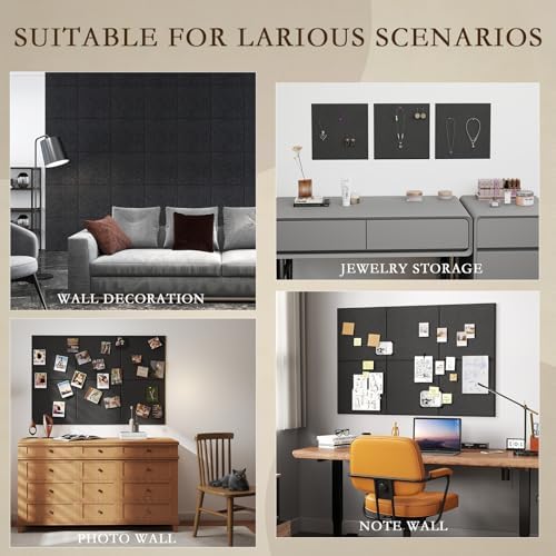 JBER Large Felt Bulletin Board 48" x 36", 12 Pack Felt Wall Tiles, Black