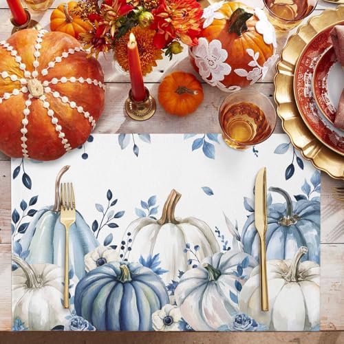 Fall Thanksgiving Placemats Set of 4, Blue White Pumpkin Heat Resistant Washable Dining Table Mats Fall Holiday Farmhouse Decor for Kitchen&Linens Outdoor Indoor, Autumn Flowers Eucalyptus Leaves