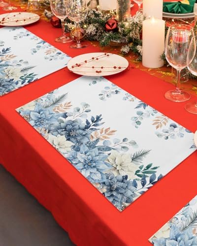 Blue Christmas Poinsettia Placemats Set of 4, Winter Eucalyptus Leaves Heat Resistant Washable Table Place Mats Cotton Table Linens Party Holiday Decor for Kitchen Dining Outdoor Indoor