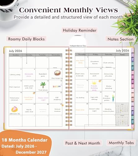 Academic Planner 2026-2027, 18 Months Weekly and Monthly Hardcover Planner, July 2026 - December 2027, 8.5" x 11" A4 Large Daily Calendar Planner Book with Tabs, Spiral College School Agenda Organizer for Student Teacher, Pink