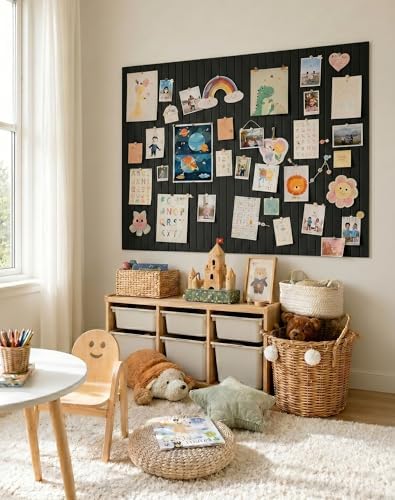 Aothia Felt Bulletin Board Tiles, 12-Pack 48"x36" Large Pin Board for Wall, Modern Cork Board Alternative for Notes, Photos, Memo & Office Organization, 70 Adhesive Tabs & 40 Push Pins, Black