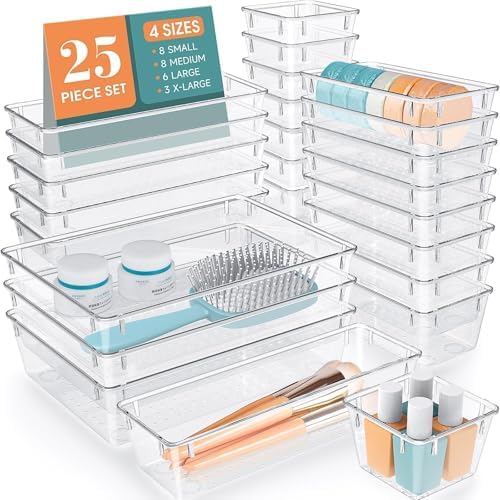 25 PCS Clear Plastic Drawer Organizer, Makeup Organizers and Storage Bins