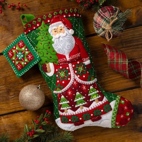 Bucilla Felt Applique 18" Stocking Making Kit, Santa's Quilted Delight, Perfect for DIY Arts and Crafts, 89734E