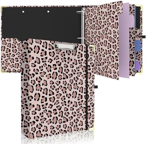 2 Inch 3 Ring Binder, Round Ring Binder with 6 Tab Dividers, 2 Interior Pockets, Cute Binders Clipboard with Storage for Letter-Size, Folders Organizer for School Office, Portfolio (Cheetah Spots)