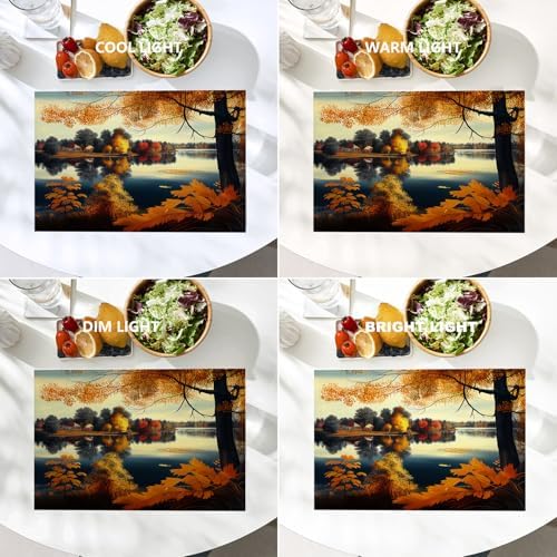 Batmerry Autumn Lakes Woods Linen Placemats Set of 4, Maple Leaves Scenery Art Washable Table Mats for Kitchen Table Thickened Heat Insulation Dining Set Indoor Outdoor 12X18 in