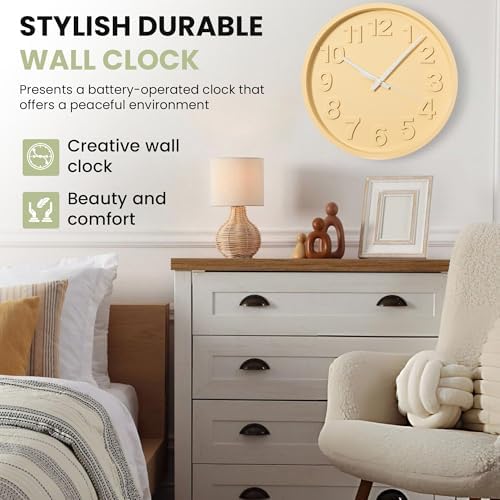Clockswise 12-Inch Modern Minimalist Round Plastic Wall Clock Beige Dial with Bold Arabic Numerals Analog Display Step Movement Easy-to-Read Timepiece for Living Room Kitchen Office Bedroom Wall Decor