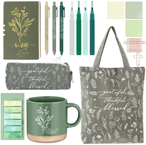 Reallnaive 25 Pcs Bible Study Kit for Women, Christian Gift with Notebook Mug Tote Bag Pouch Pen Highlighters Bible Journaling Supplies for Teen Girl, Teacher, Back to School, Church, Green
