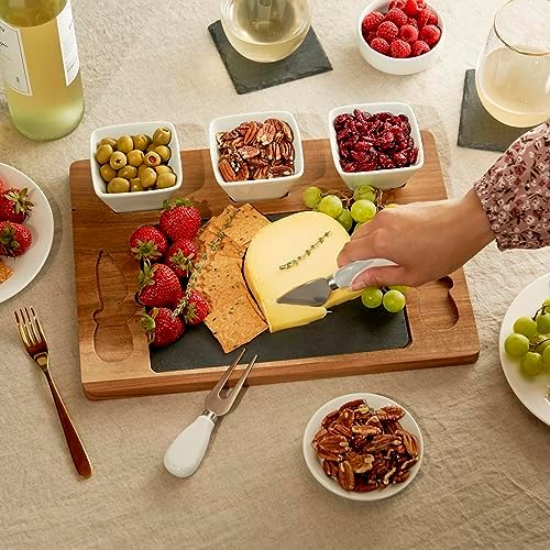 Twine Acacia & Slate Cheese Board Set - Charcuterie Board Bowls and Knives - Slate Cheese Tray Wood Cheese Board - 7-Piece Set of 1, Brown