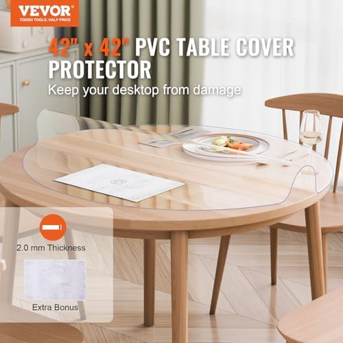 VEVOR Plastic Table Cover, 42 x 42 Inch 2.0 mm Thick Clear Round PVC Desk Mat Protector, Waterproof & Easy Cleaning Desk Pad Tablecloth, for Office, Dresser, Dining Room, Night Stand