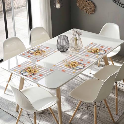 Fall Pumpkins Leaves Placemat, Thanksgiving Heat Resistant Washable Table Place Mats Rustic Farmhouse Gray Buffalo Plaid Table Linens Party Decor for Home Kitchen Dining Outdoor Indoor