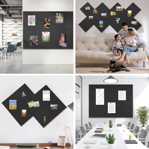 Large Cork Boards for Walls 48" x 36",12 Pack Bulletin Boards Alternative Cork Board for Office,Black Felt Wall Tiles, Contains Removable Security Stickers and PushPins