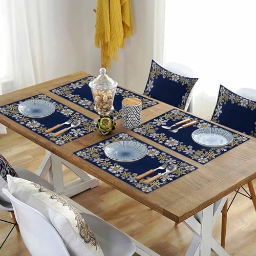 Gold White Snowflakes Christmas Placemats Set of 4, Winter Xmas Holiday Heat Resistant Washable Table Place Mats Navy Blue Cotton Table Linens Party Holiday Decor for Kitchen Dining Outdoor Indoor