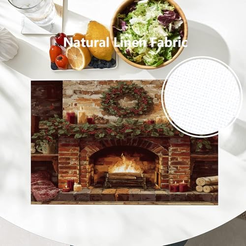 Batmerry Vintage Christmas Placemats, Cozy Fireplace Scene Washable Linen Table Mats for Kitchen Table Double Insulation Decor Dining Set Indoor Outdoor 12X18 in Set of 4