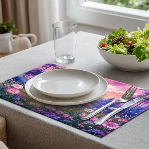 Batmerry Forest Flowers Sunset Linen Placemats Set of 6, Beautiful Forest Sunset Scene Washable Table Mats for Kitchen Table Thickened Heat Insulation Dining Set Indoor Outdoor 12X18 in
