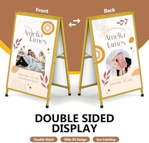 Golden A Frame Sign, Heavy Duty Slide-in A Frame Sign Holder, Double-Side 24x 36 Inch Sandwich Board for Office, Wedding, Business, Party Poster, Frame only