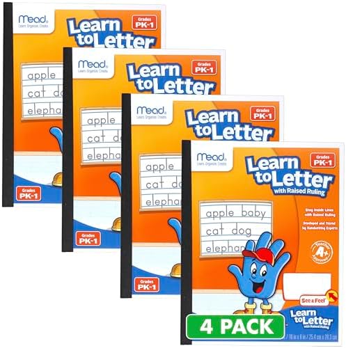 Mead Learn to Letter Writing Tablet, Handwriting Practice Pad Grades PK-1, 10" x 8", Solid & Dotted Raised Ruling, 40 Sheets, 4 Pack (480018)