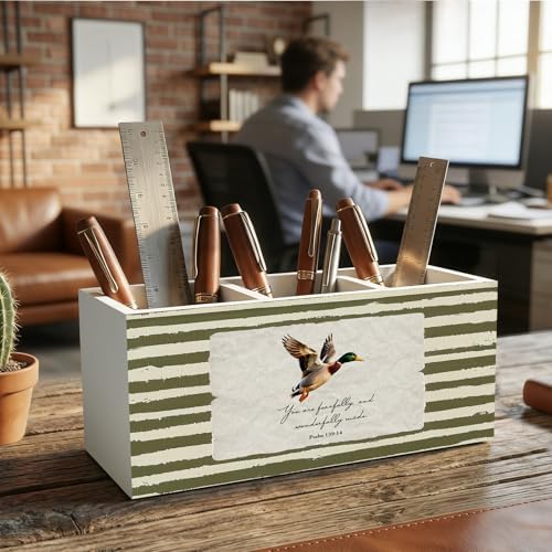 Mallard Duck Christian Pencil Pen Holder for Desk Organizer, Vintage Green Nursery Duck Cottagecore Wooden Box Decorations for Home Office Classroom Desk Tabletop Nursery Toddler Decor