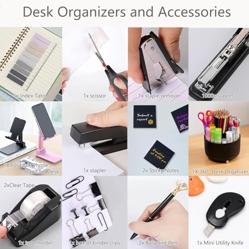 Office Supplies,Black Desk Accessories,Desk Organizer,Phone Stand,Scissors,Stapler,Tape Dispenser,Binder Clips,Staples,Staple Remover,Sticky Notes,Index Tabs,Clear Tape,Mini Box Cutter,Cool Pen.16pcs