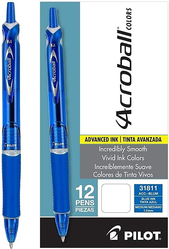 PILOT Acroball Colors Advanced Ink Pens, Blue Ink, 1.0mm, 12-Count